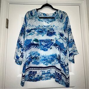 INOA Sydney Embellished Floral Print 3/4 Length Sleeve Silk Blouse Tunic Top